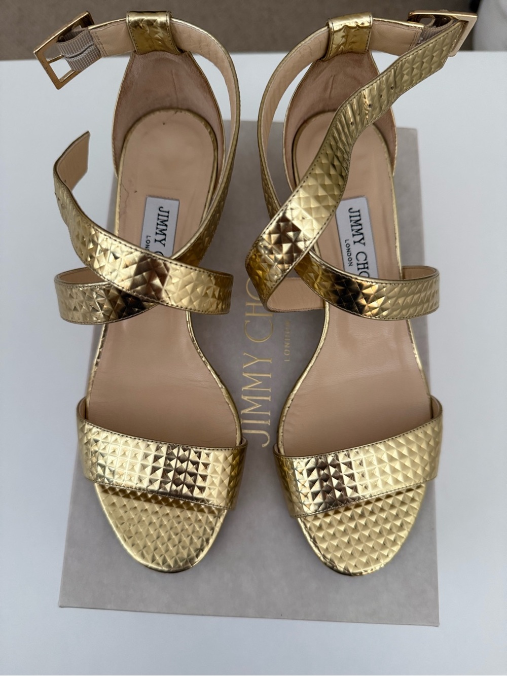 Jimmy Choo Gold Cubed Mirror Leather sandals EUC